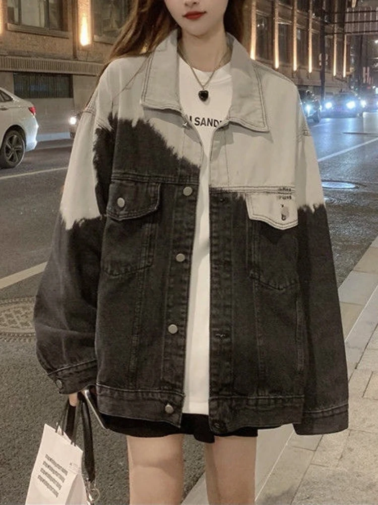 

Куртка женская джинсовая демисезонная, модная верхняя одежда в Корейском стиле с градиентным переходом цвета, свободная повседневная Уличная одежда, винтажные Топы
