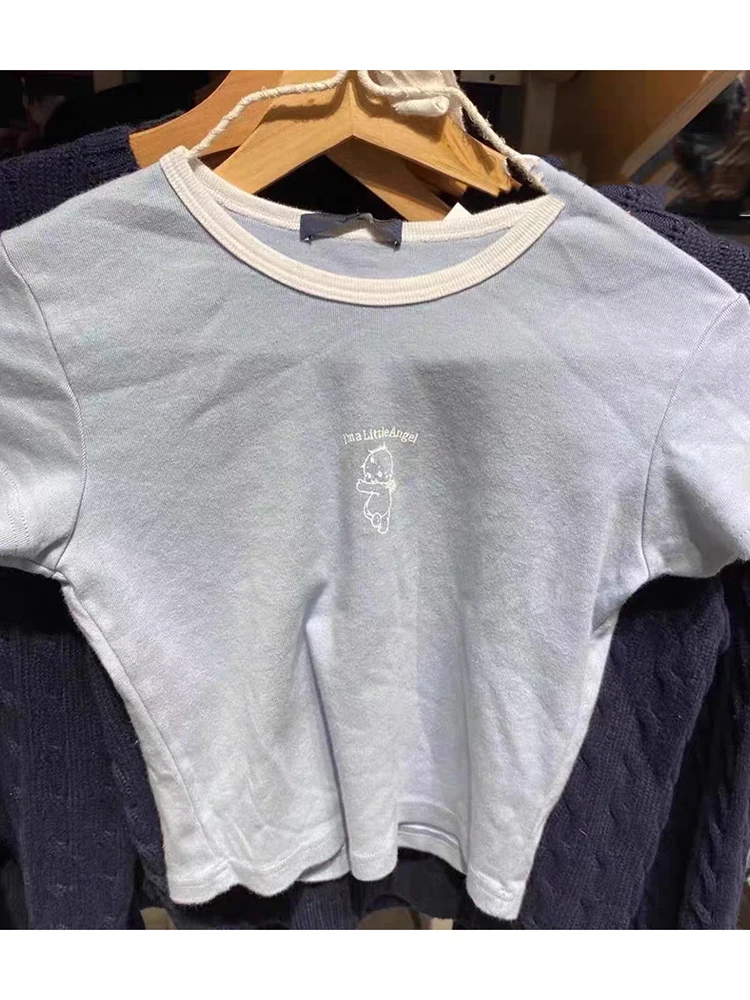 

Vintage Angel Print Patchwork Tees Cute Blue Fairycore Round Neck Cotton Short Sleeve T-shirts Summer Sweet Slim Crop Top Y2k