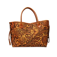 ladies mustard engraving flowers large capacity tote bag creative pu canvas shopping purse handbag for women domil1753