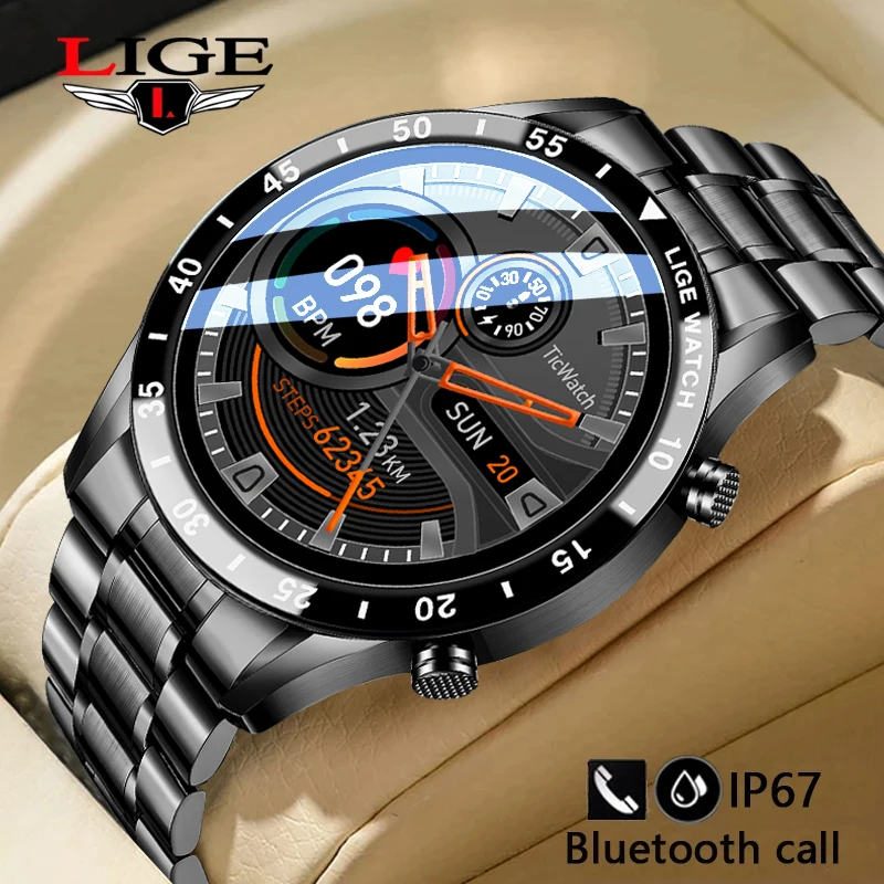 Смарт-часы LIGE мужские водонепроницаемые с поддержкой Bluetooth и Пульсометром -