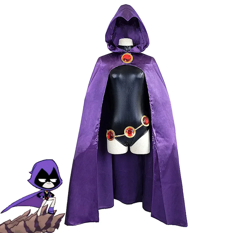 

Teen Titans Super Hero Raven Cosplay Costume Women Black Bodysuit Purple Hooded Cloak Jumpsuits Halloween Party Costume