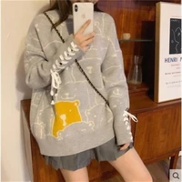 women bear cartoon o neck long sleeve lace up sweet cashmere sweater korean fashion autumn winter loose knitted sweaters female