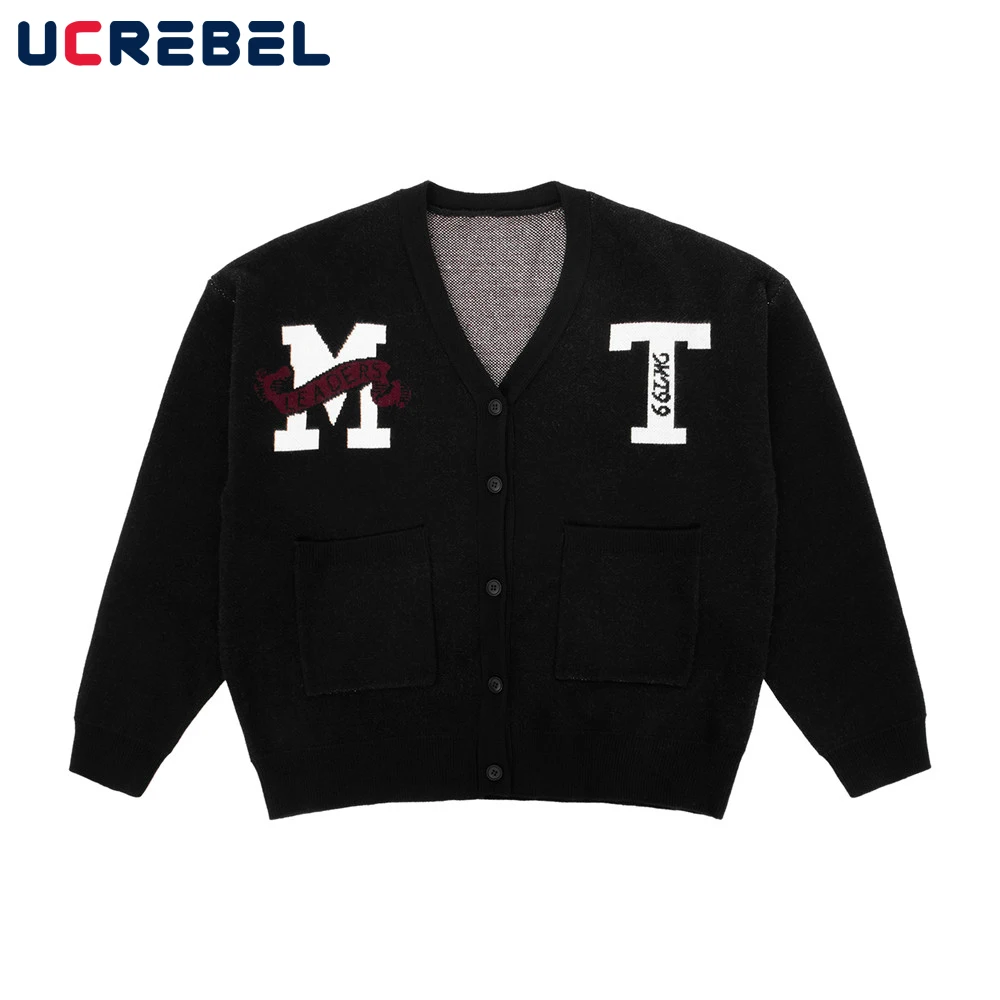 

Letter Jacquard Cardigan Sweater Mens Autumn Casual Streetwear Knitted Sweater Loose V-neck Outerwear Men
