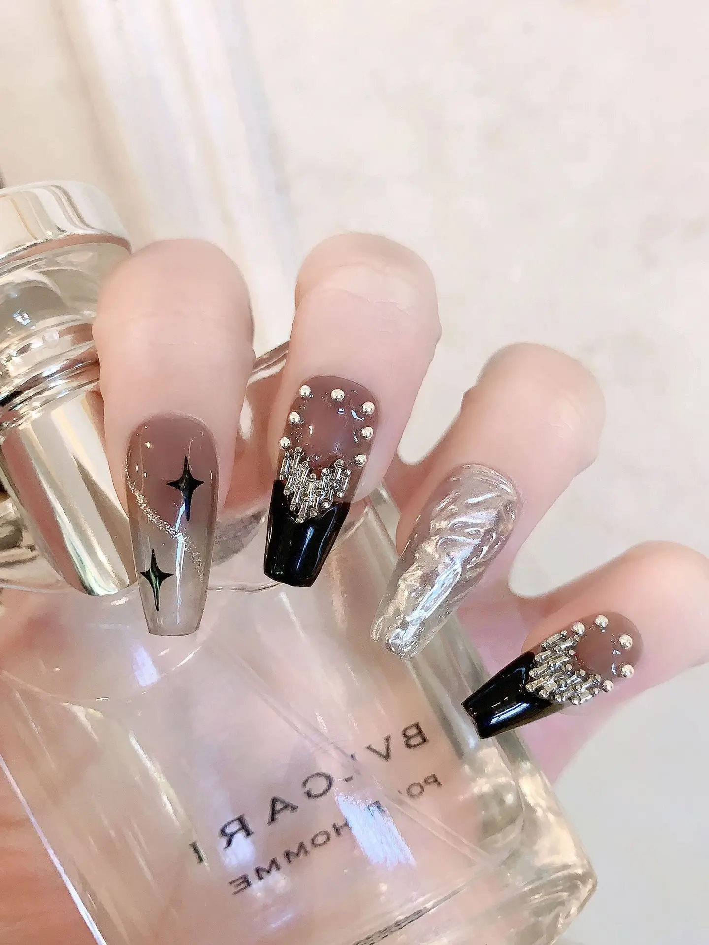 

Handmade Nails Black French Star Press on Nail Silver Heart Long Coffin Manual False Nails Full Cover Professional Manicure