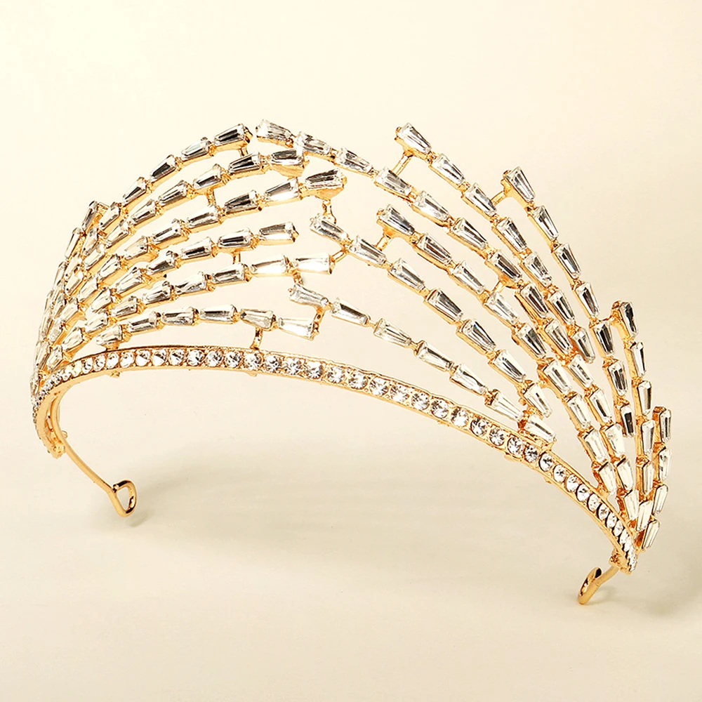 

Korean Diamond Crystal Bridal Wedding Crown Hair Accessories Luxury Geometric Rhinestone Women's Tiara Headband Dress Jewelry