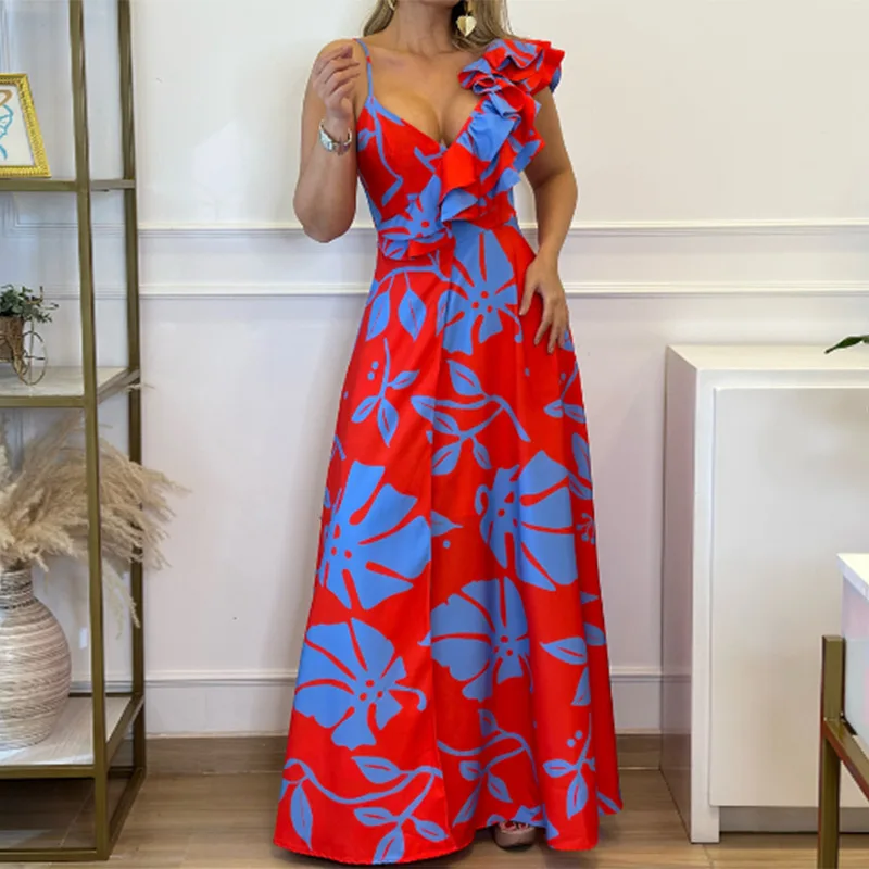 

Fuikio S-3XL Women's Elegant Printed Dress 2023 Spring And Summer Fashion Sling Irregular V-neck Sleeveless Waist Beach Skirt