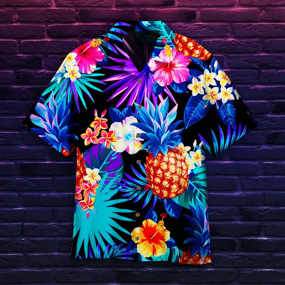 

2022 Hawaii Men's Shirts Tropical Fruit Pattern Summer Short Sleeve Oversize Pineapple Tops Vaction Casual Men's Clothing