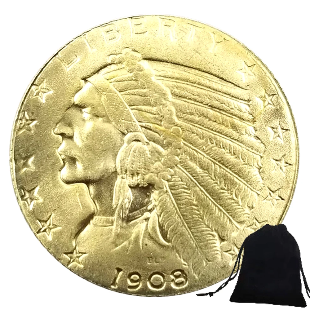 

Luxury 1908 Indian-Five-Dollars US Peace Art Coins Memorial Pocket Gift Coin Commemorative Morgan Dollar Lucky Coin+Gift Bag