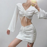 satin v neck flared long sleeve 2 two piece suit with womens short top and skirt 2021 autumn birthday fashionable sexy dress