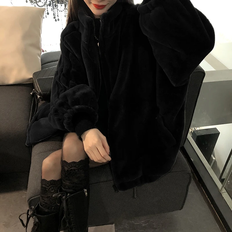 Winter Black Faux Fur Jacket Women's Long-sleeved Stand-up Collar Plus Velvet Thickening Fashion New Style 2021 Women's Clothing