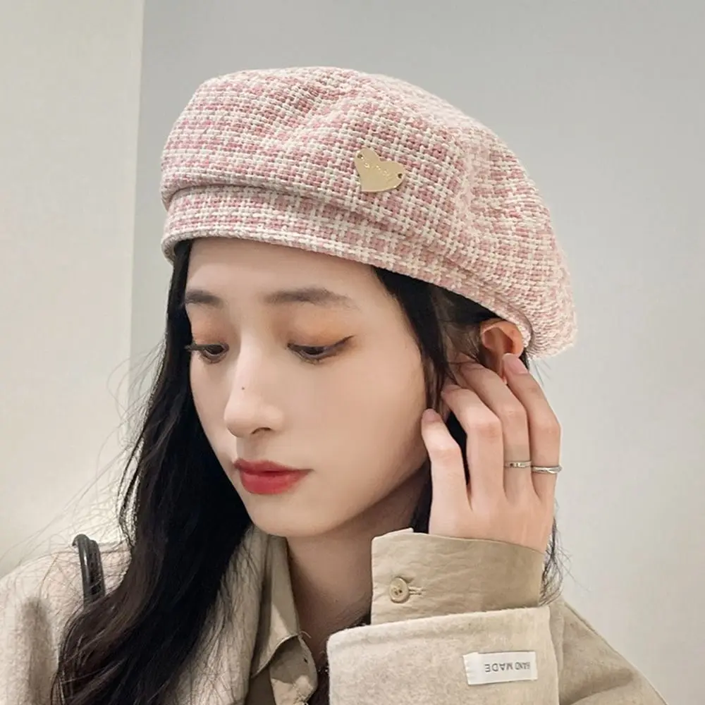 

Heart Love British Style Cotton Painter Hat Autumn Winter Women Cap Warm Cap Korean Style Hat Houndstooth Berets