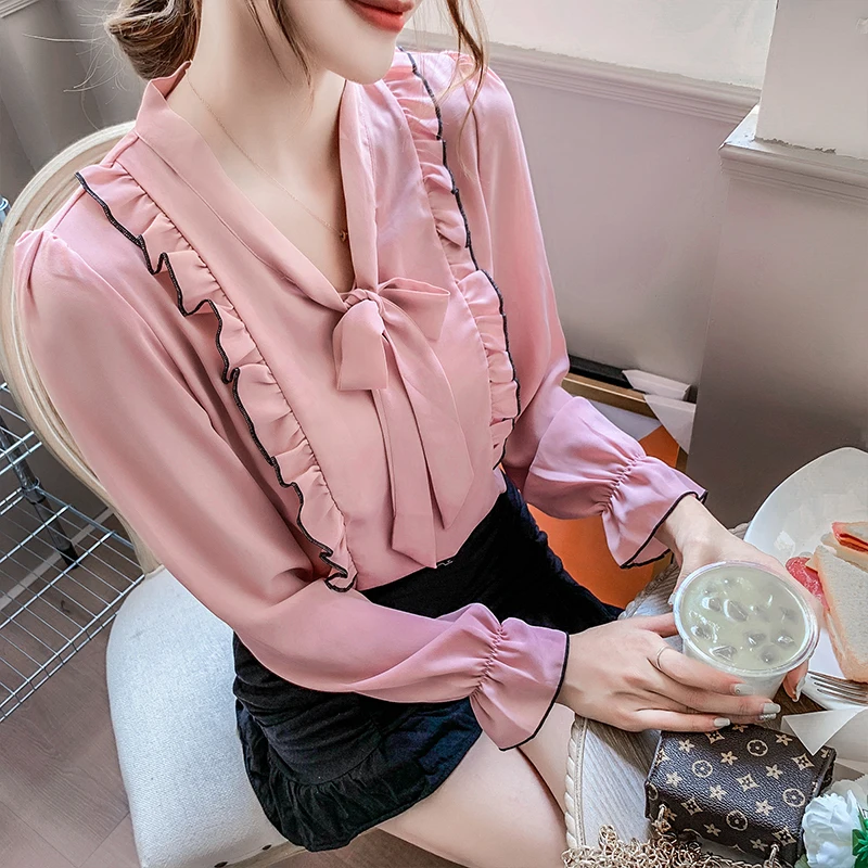 

Модная женская одежда в Корейском стиле, новинка 2022, шифоновая рубашка с длинным рукавом, женская блузка белого цвета с бантом, женские топы,...