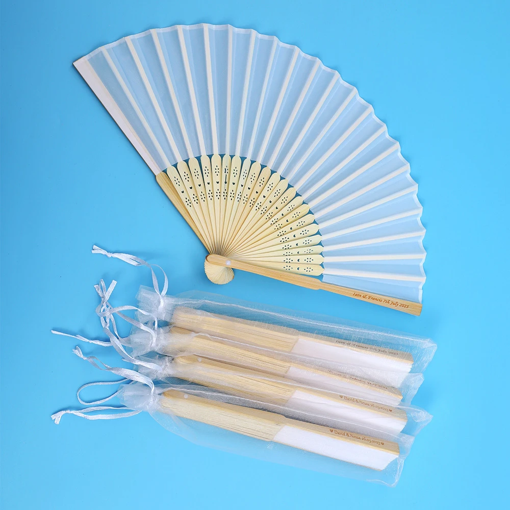 20 /80 PCS Personalized Engraved White Folding Elegant Silk Hand Fan with Gift bag Wedding &amp mariage abanicos para boda