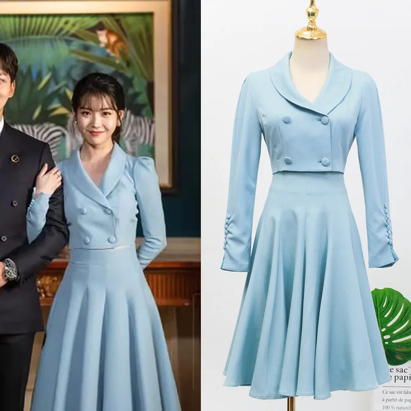 

2 Piece Set Women 2022 Korean Elegant IU 장만월 Blue Top Coat And Skirt Two Piece Outfits Spring Autumn High Jacket Waist Skirt