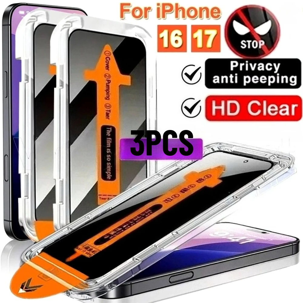 Фото Комплект из 3 защитных стекол Anti Spy для iPhone 17, 16, 15 Pro Max, 17e, 16e, Air, 15, 14 Plus, 13, 12, 11 Pro с установкой без пыли №1