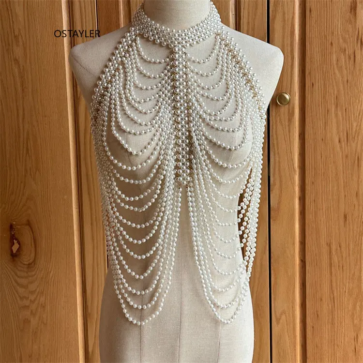 

2023 Wide Layers Necklace Chocker Jewelry Plastic Pearls Tassel Chest Chain Backless Camis Tops Women Dress Body Chain Decoratio