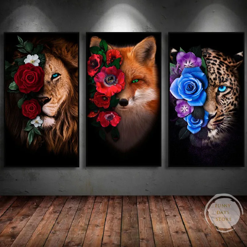 Абстрактное искусство животные Лев тигр леопард лиса с цветами холст живопись на