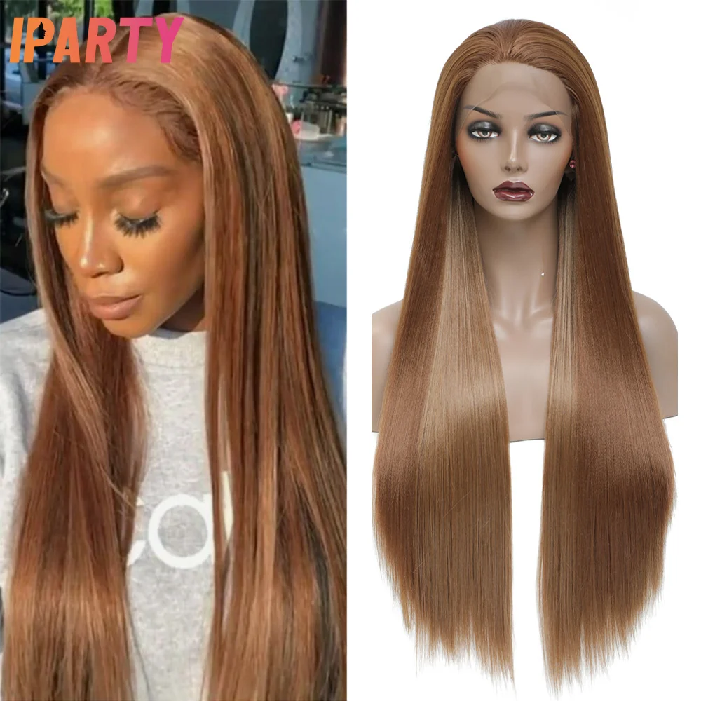 

Iparty 28 Inches Synthetic Lace Wigs For Black Women Copper Color Heat Resistant Long Straight Wig Multi Color Optional Daily