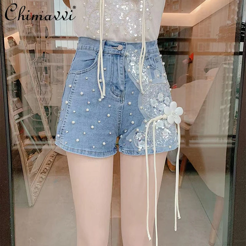 

Female 2022 Summer New Korean Style Sweet Slim Fit Denim Shorts Women Fashion Fairy Beads Sequined High Waist Wide Leg Hot Pants