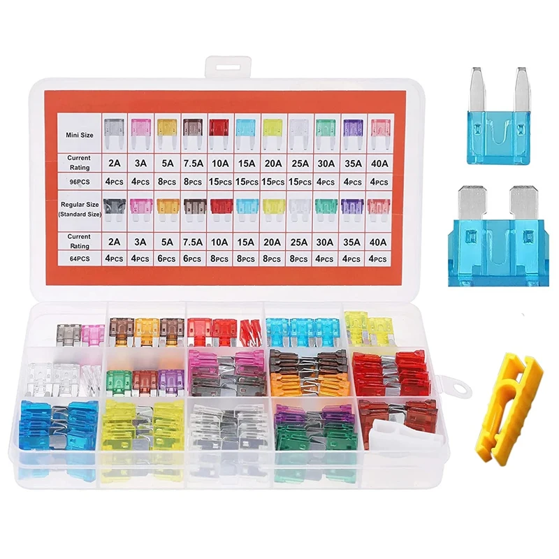

160-Piece Car Fuse Set, 96 Mini Blade Fuses + 64 Standard Fuses + 1 Fuse Puller for Cars/Motorhome/Trucks/Motorcycles
