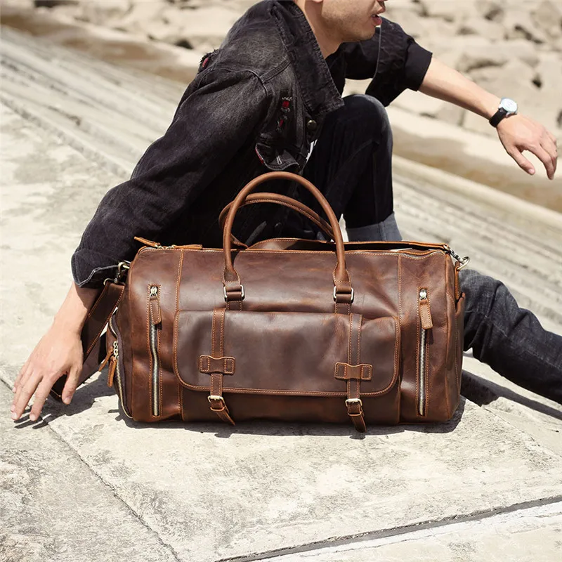 Vintage large capacity genuine leather travel bag natural crazy horse cowhide handbag duffel bag real leather big luggage bag