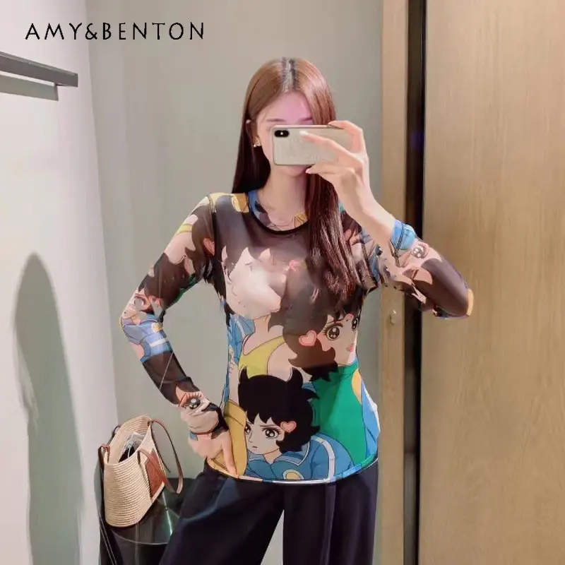 

2023 Spring Summer Tee New Cartoon Character Print Slim Fit Long-Sleeved T-shirt Pullover All-Matching Bottoming Shirt Basic Top