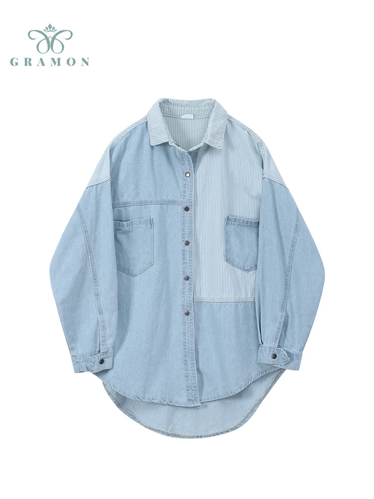 

Irregular Spliced Denim Shirt Coat Women Long Sleeve Pocket Cardigan Streetwear BF Jean Jacket Y2K Harajuku Cowboy Outwear Tops