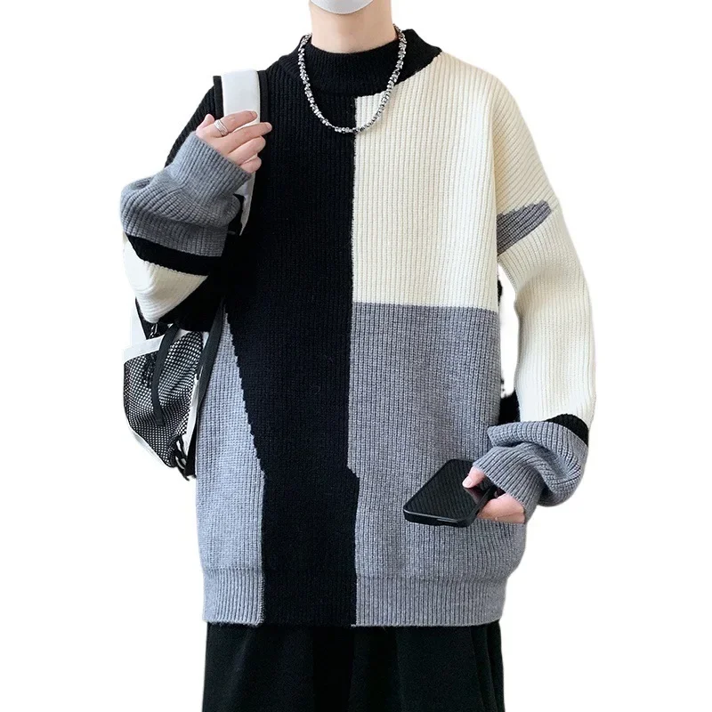 2024 New Men's Sweater Winter Warm Base Layer Top Student Unique Trendy Brand Thickened Inner Knit Casual Crew Neck