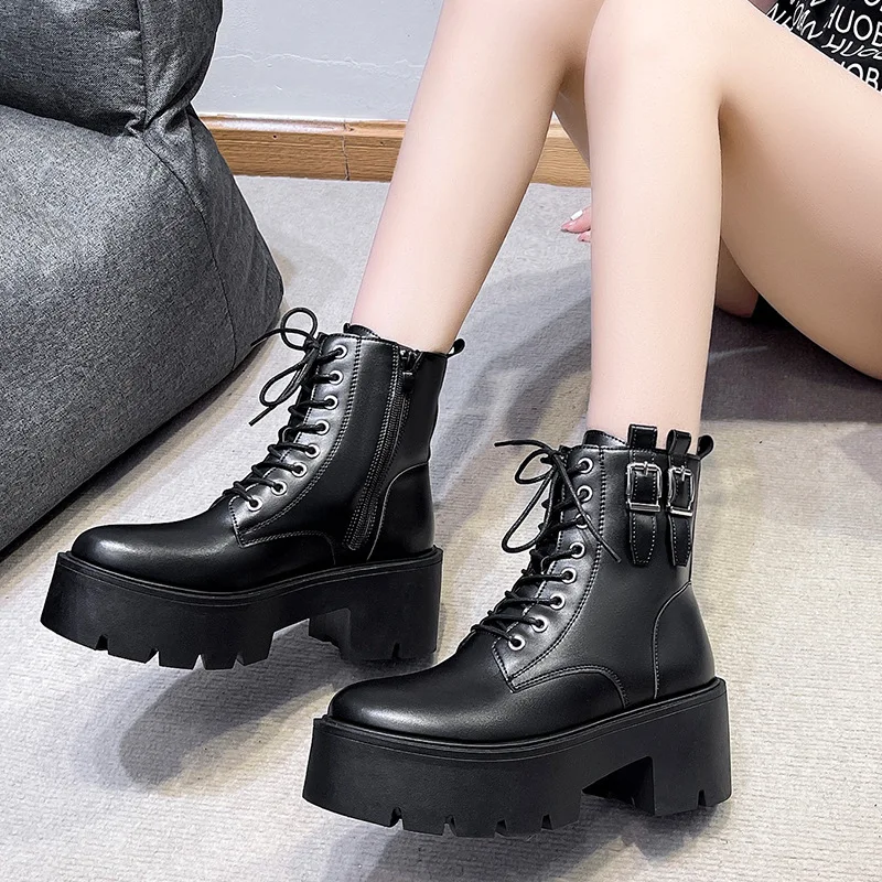 2022 Autumn New Ankle Boots Women Casual Platform Shoes Women PU Leather High Top Thick-heel Motorcycle Boots Female