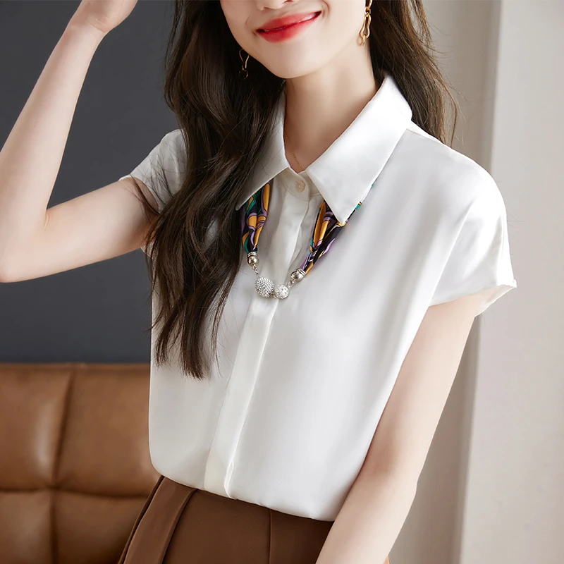 

Шифоновая рубашка для женщин, Новинка лета 2023, однотонные повседневные блузки, СВОБОДНЫЙ Модный белый топ с коротким рукавом и отложным воротником