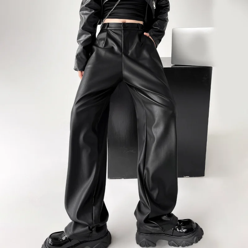 Брюки женские кожаные прямые в стиле ретро приталенные штаны из искусственной