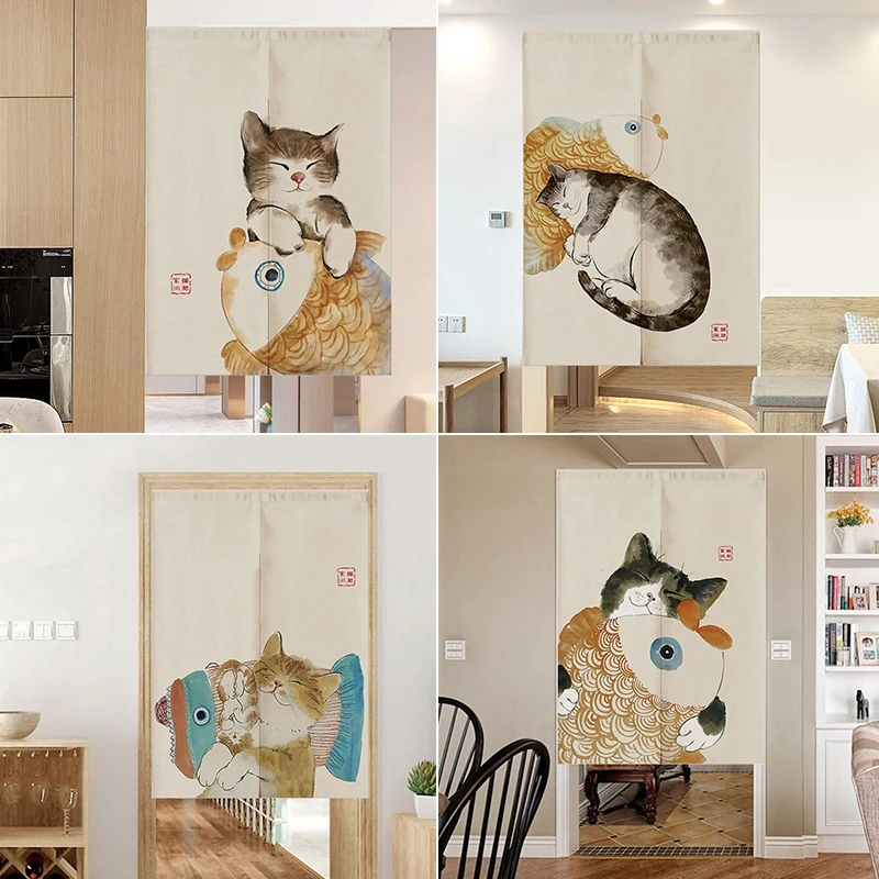 Современная занавеска на дверь с милым котом затемняющие перегородки принтом
