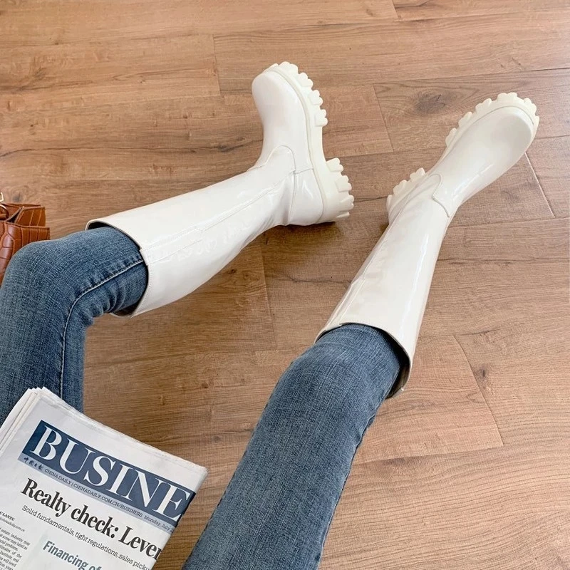 Bright Leather High Waterproof Platform Inner Heightened Round Toe Over The Knee-Length Boots Patent Leather Flat Heel Platform