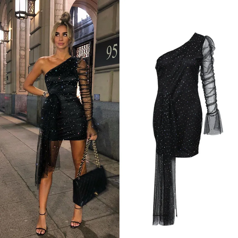Europe And America Glitter One Shoulder Sheer Mesh Ruched Long Sleeve Bodycon Dress Women Dress Sequins Noble Evening Dress