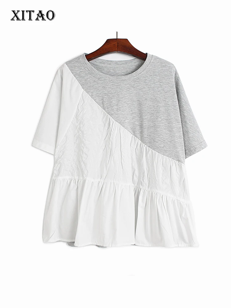 

XITAO Casual Patchwork T-shirt Loose Fashion Contrast Color Folds Women Top 2022 New Simplicity Pullover All-match WMD5704