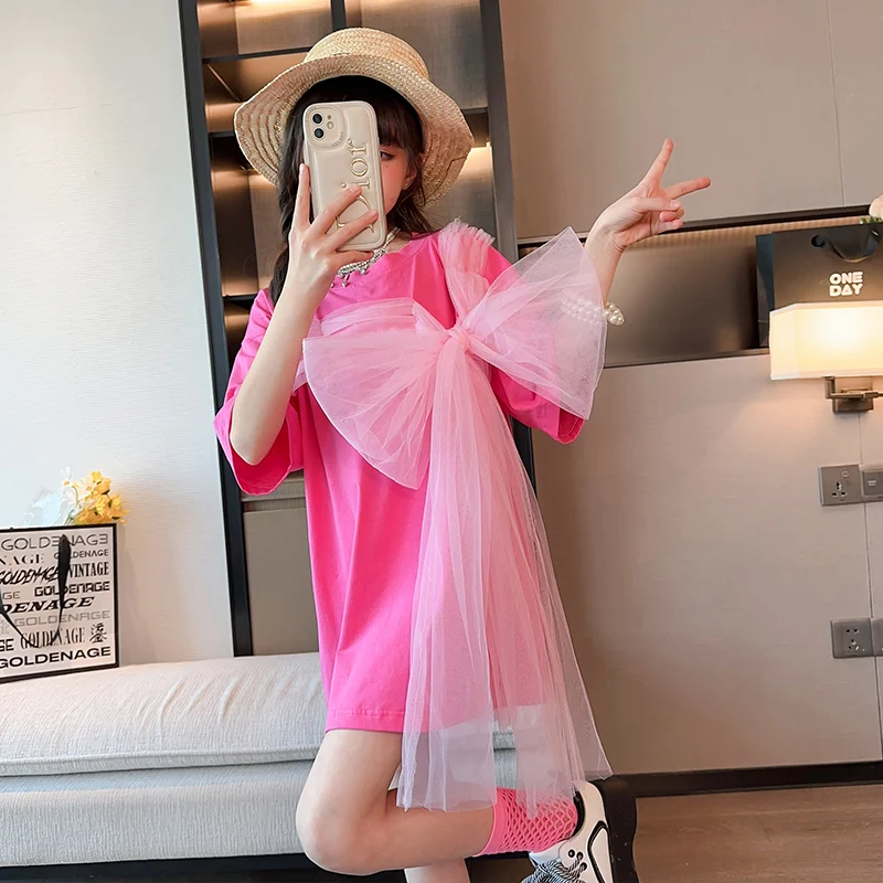 

Sweet Kids Girls T-shirt dresses Summer Children's Tees Long Tops with Mesh Bow Casual Short Sleeve Sweatshirt Student Girl Wear
