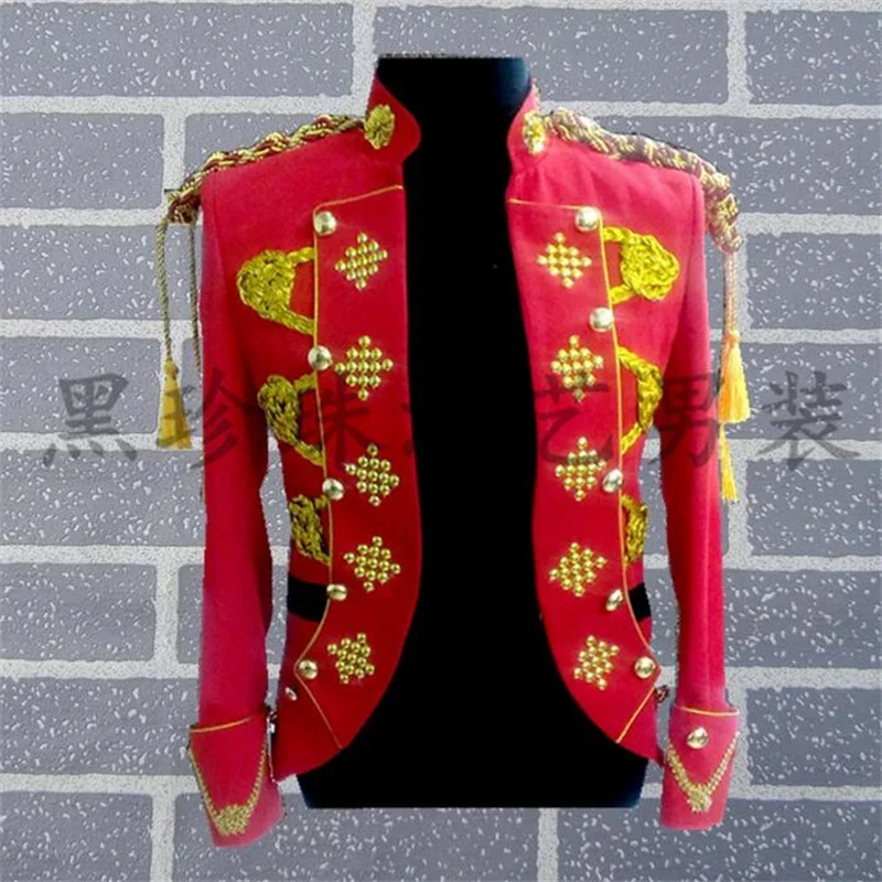 

Stand collar men red suits designs masculino homme terno stage singers men sequin blazer dance clothes jacket star style punk