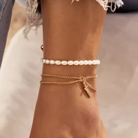 boho imitation pearl beaded summer anklet women gold metal shiny crystal sword pendant beach anklet girls fashion jewelry