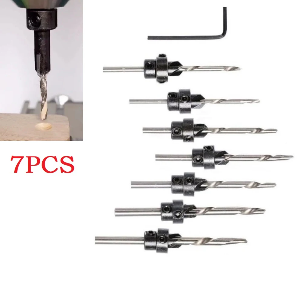 7pcs Countersink Drill Bit Set With Wrench Tampered Wood Screw Drills Stop Collar Woodworking Tool Screw Hole Drill Cutter