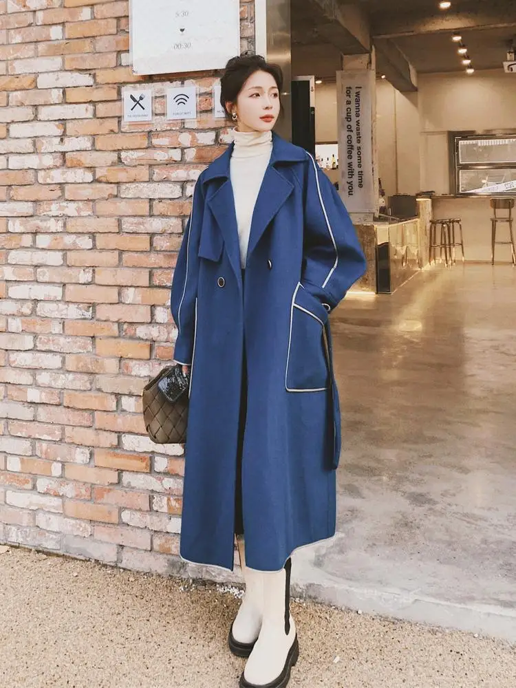 

SuperAen Retro Korean Woolen Coat New Winter 2022 Women's New Design Splicing Office Lady Long Woolen Coat
