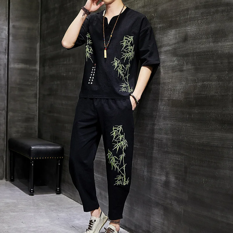 Embroidery Bamboo Buckle Men Pajamas Sets 2PCS Cotton T-Shirts Sleepwear Summer Chinese Style Casual Home Wear Large Size