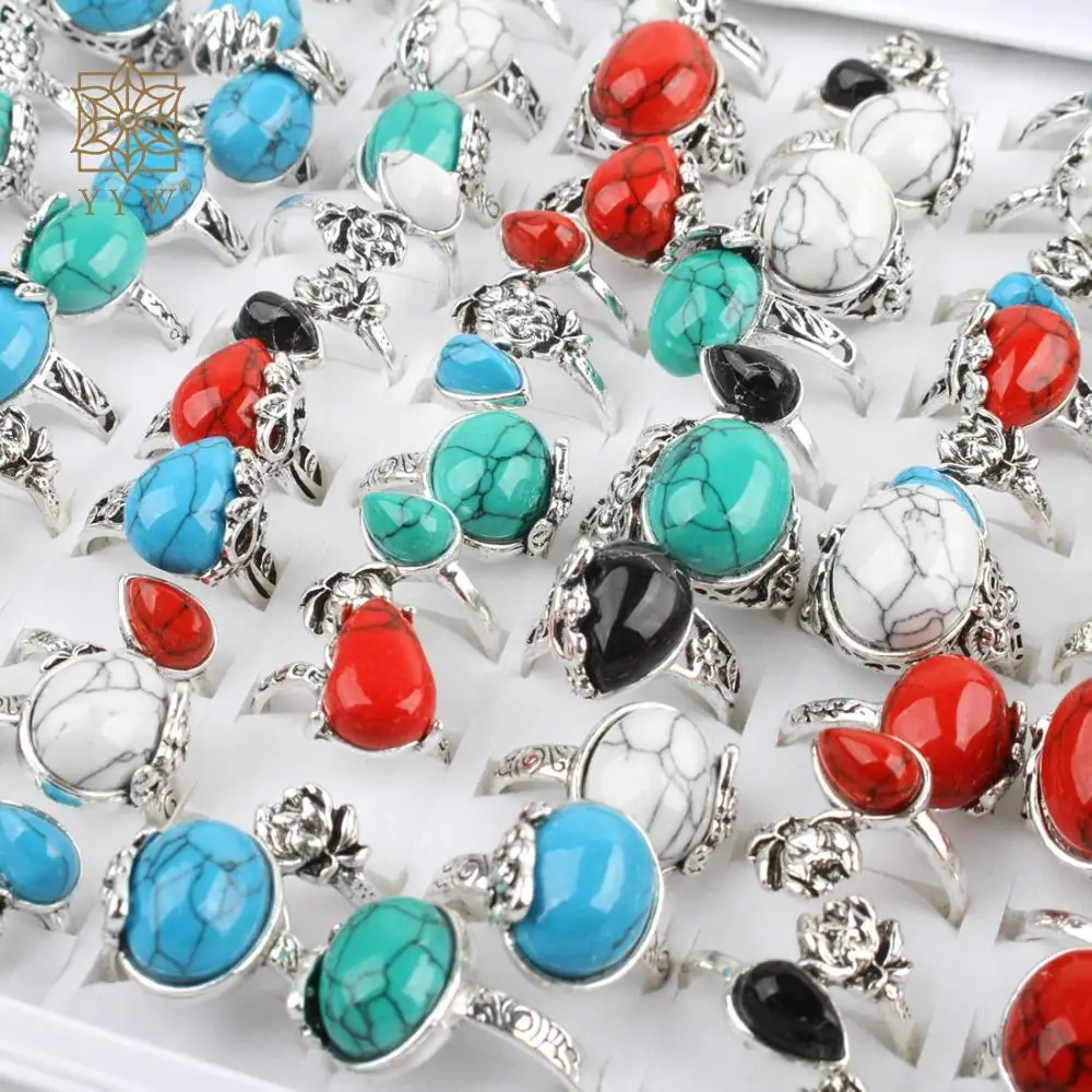 

Natural Turquoise Ring Set 17-20mm Size Silver Color Plated Finger Trendy Women Men Jewelry Sold By Box With Paper And Sponge