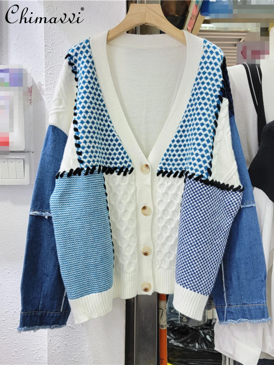 

European Station 2022 Autumn Fashion V-neck Single Breasted Denim Stitching Sleeves Knitted Cardigan Casual Long Sleeves Sweater