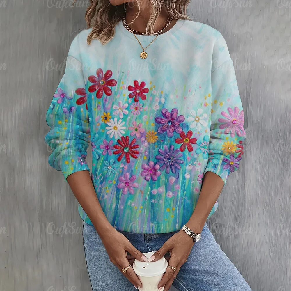 

Женский свитер 2024, Модный пуловер с круглым вырезом, повседневная одежда в стиле Харадзюку, худи с длинным рукавом и цветочным узором для женщин, свитера
