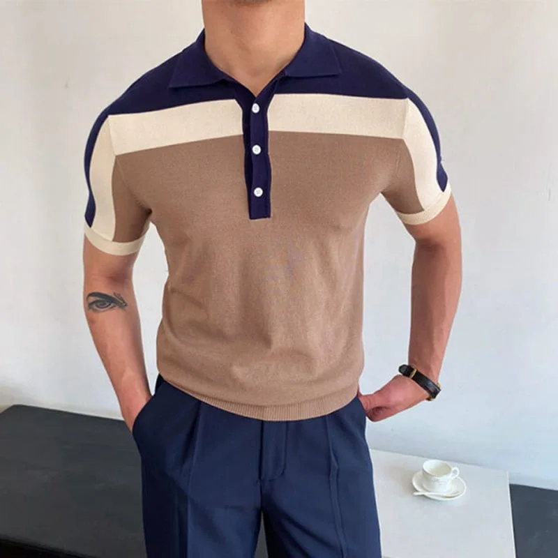 

2022 Fashion Business Male Turn-Down Shirts Summer Striped Slim Tops Pullover Men Casual Button Design Short Sleeve Polo Shirts