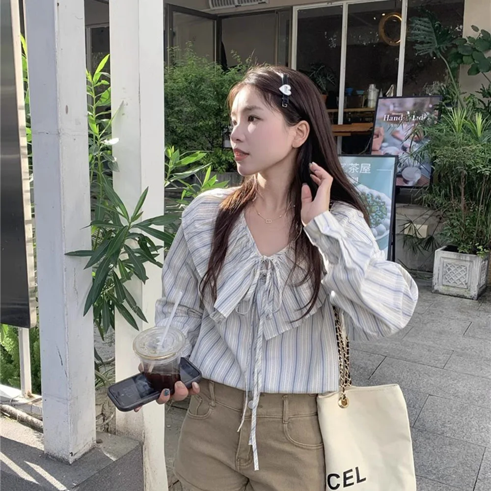 Осенняя полоска с кукольным воротником женские стильные милые топы в японском