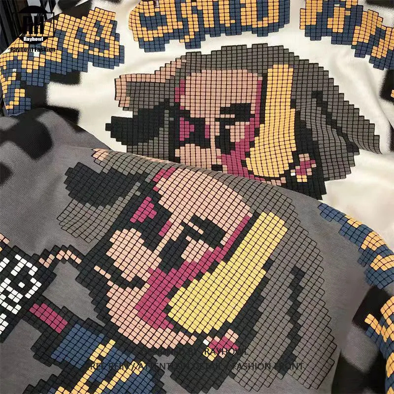 

Rayhowl Abstract PatternTops 100% Cotton Men's Hip-Hop Design Pixel Wind Cartoon Short-Sleeved T-shirt Male ins Couple Street