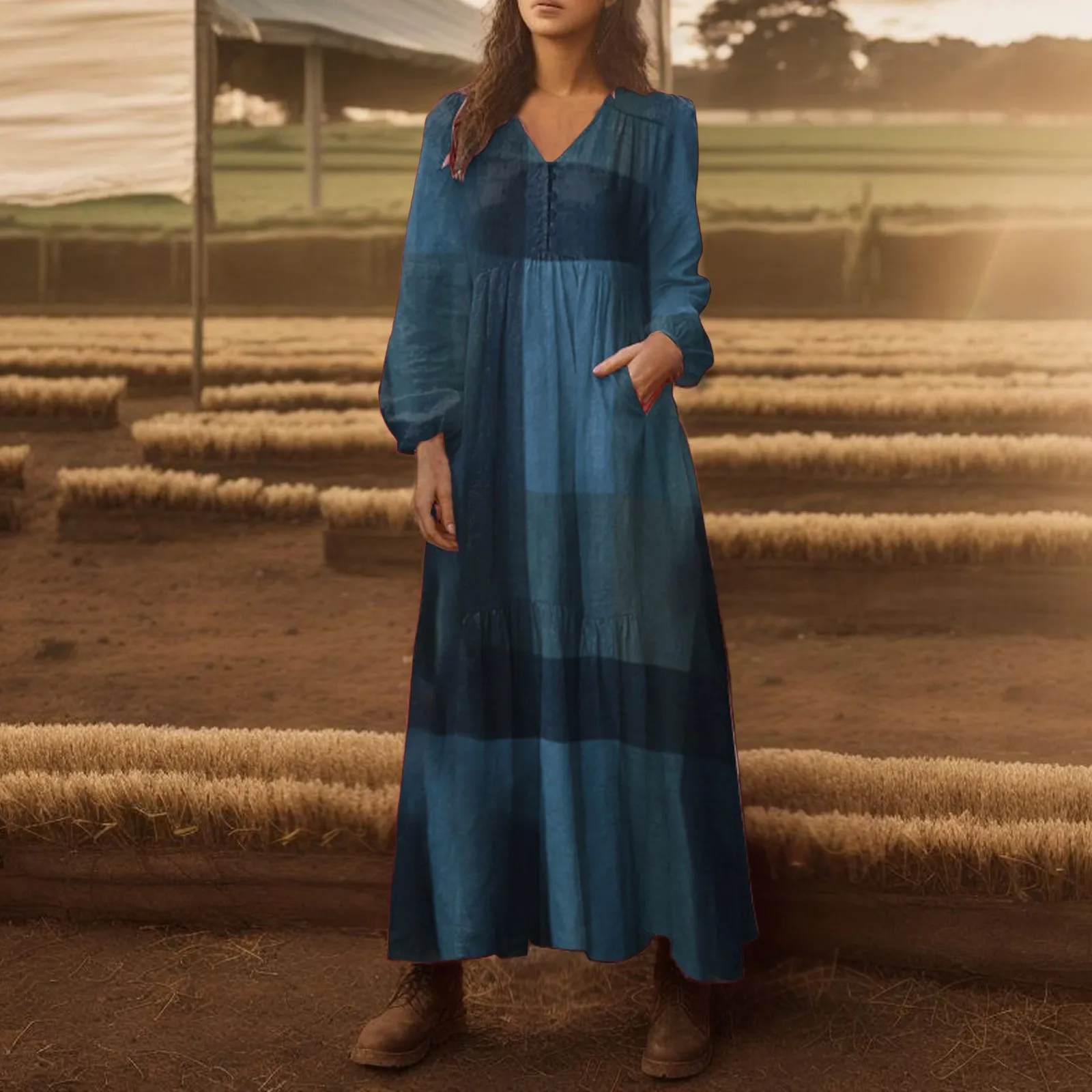 

Bohemian Shirt Dress Women Vintage Loose Long Sleeve Dress 2023 Spring Autumn Women's Maxi Sundress Casual V Neck Plaid Dresses