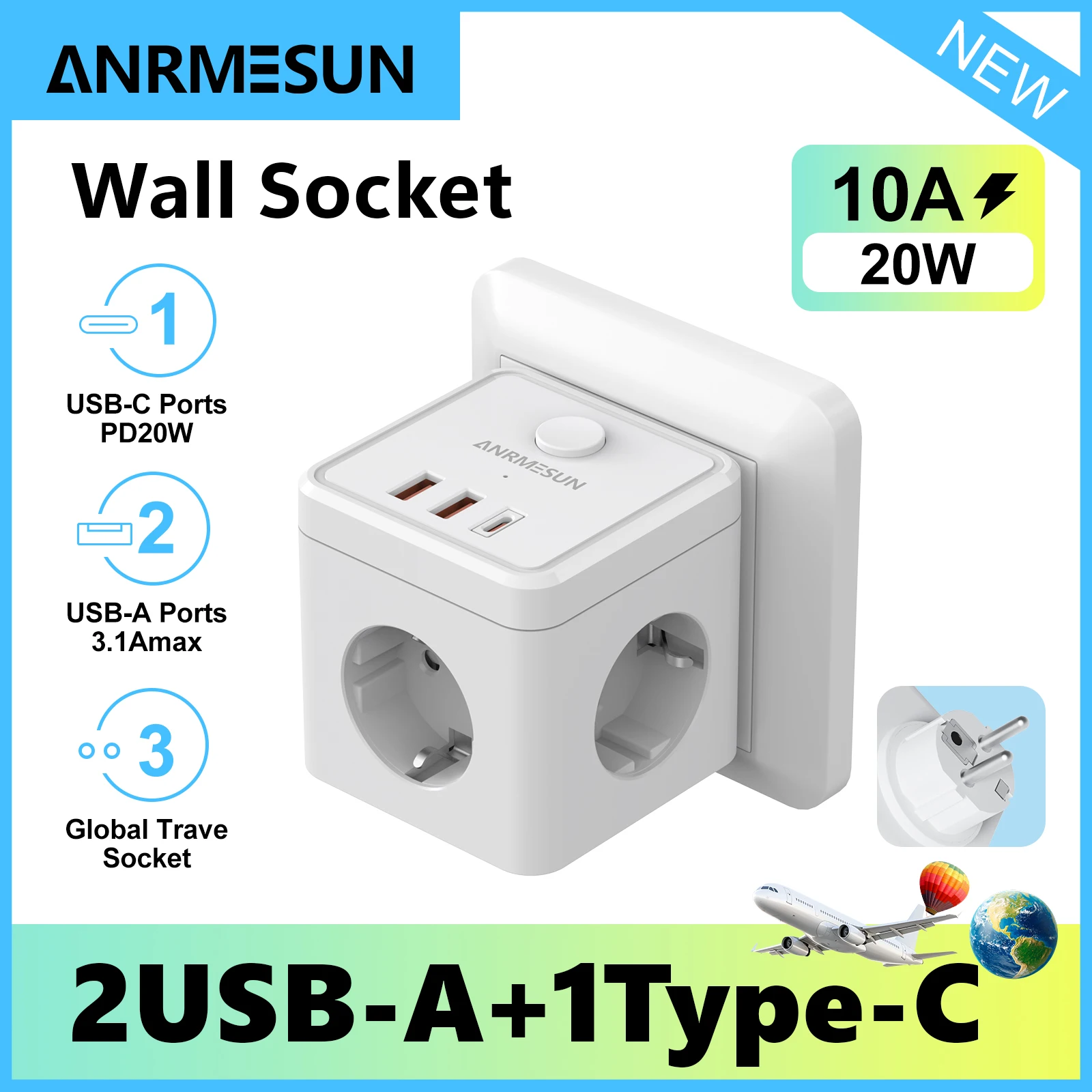 

Удлинитель с несколькими настенными розетками и переключателем, 3 розетки, 3 USB-порта, портативный кубический адаптер питания с несколькими розетками, зарядное устройство для домашних путешествий