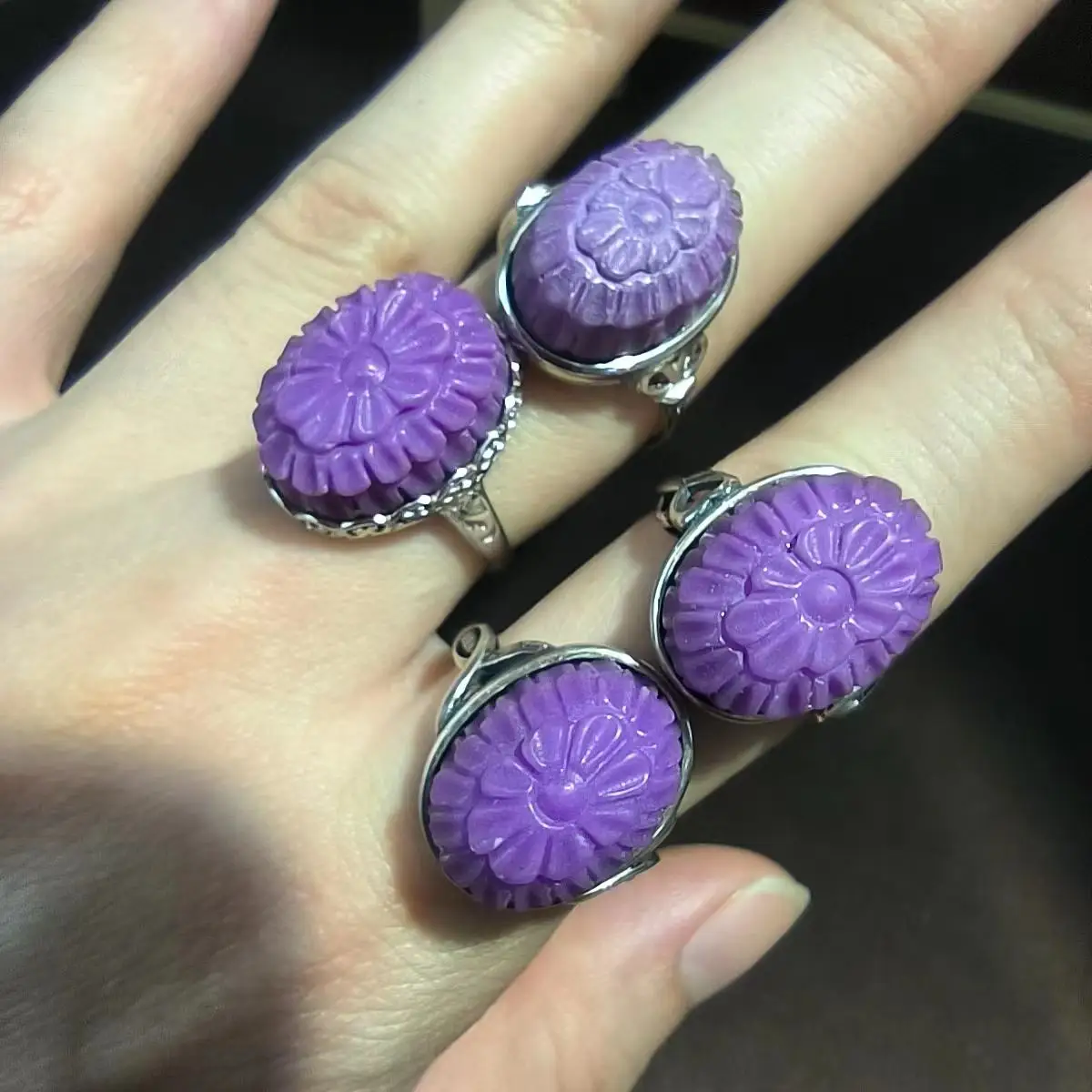 

1pcs/lot Natural Purple Mica Gesang Flower Ring Female S925 silver size adjustable Chrysanthemum Tower Fashion Sculpture fine